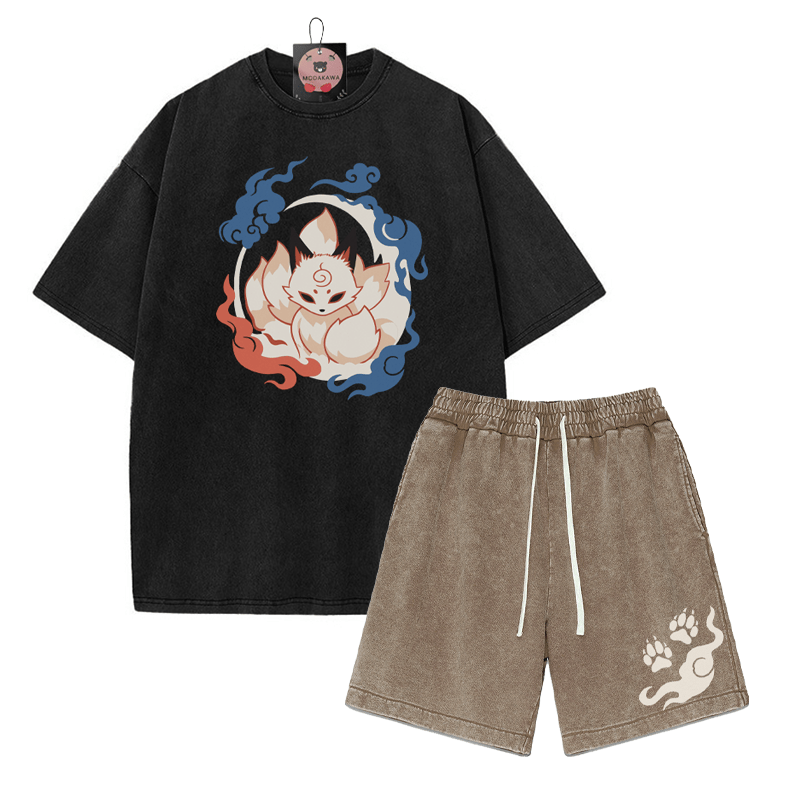 Neunschwänziges Fuchs-T-Shirt, Paw Flame-Shorts, Vintage-gewaschene Streetwear, zweiteiliges Set - Black&Brown - 3XL - image 5