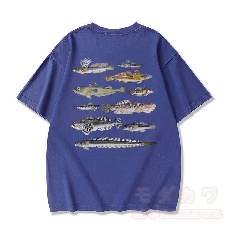 Modakawa Marine Fish Print Washed Loose Oversized Kurzarm-T-Shirt - Blau - 3XL - image 9