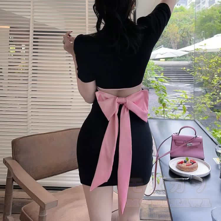 Schwarzes Minikleid im chinesischen Stil mit Schleifendetail - image 7