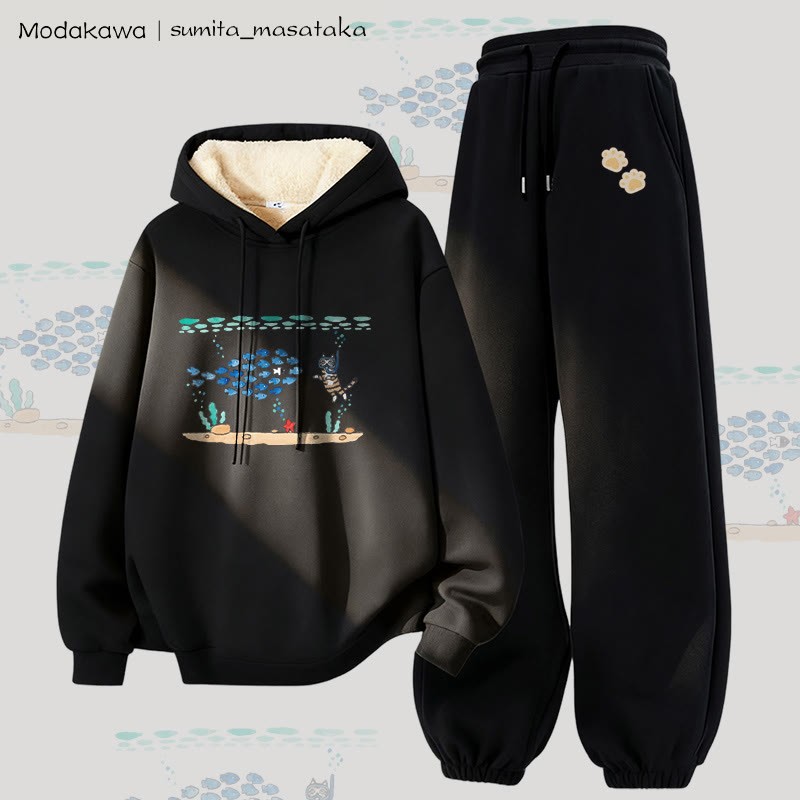 MODAKAWA X sumita_masataka Zweiteiliges Set: Hoodie und Hose mit Tauchkatzen-Motiv, dick mit Fleece gefüttert - Black - 5XL - image 4