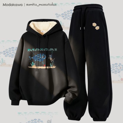 MODAKAWA X sumita_masataka Zweiteiliges Set: Hoodie und Hose mit Tauchkatzen-Motiv, dick mit Fleece gefüttert - Black - 5XL - image 4