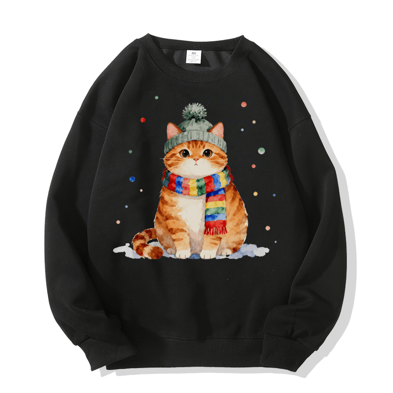 Winter-Sweatshirt mit Katzenmotiv und Rundhalsausschnitt - Black - 5XL - image 6