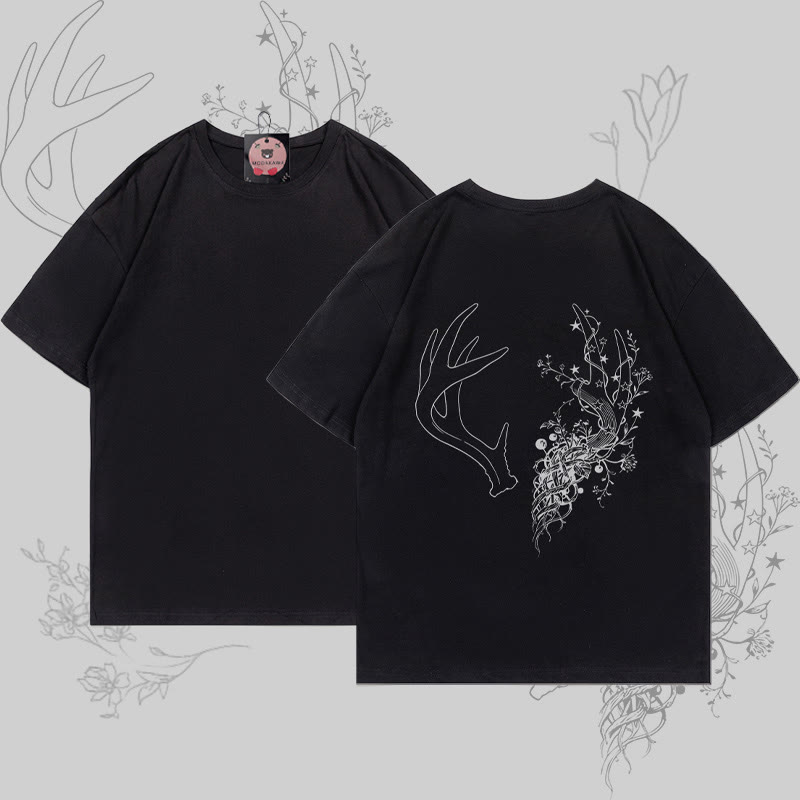 MODAKAWA T-Shirt mit Blumen- und Geweihgrafik - Black - 5XL - image 4