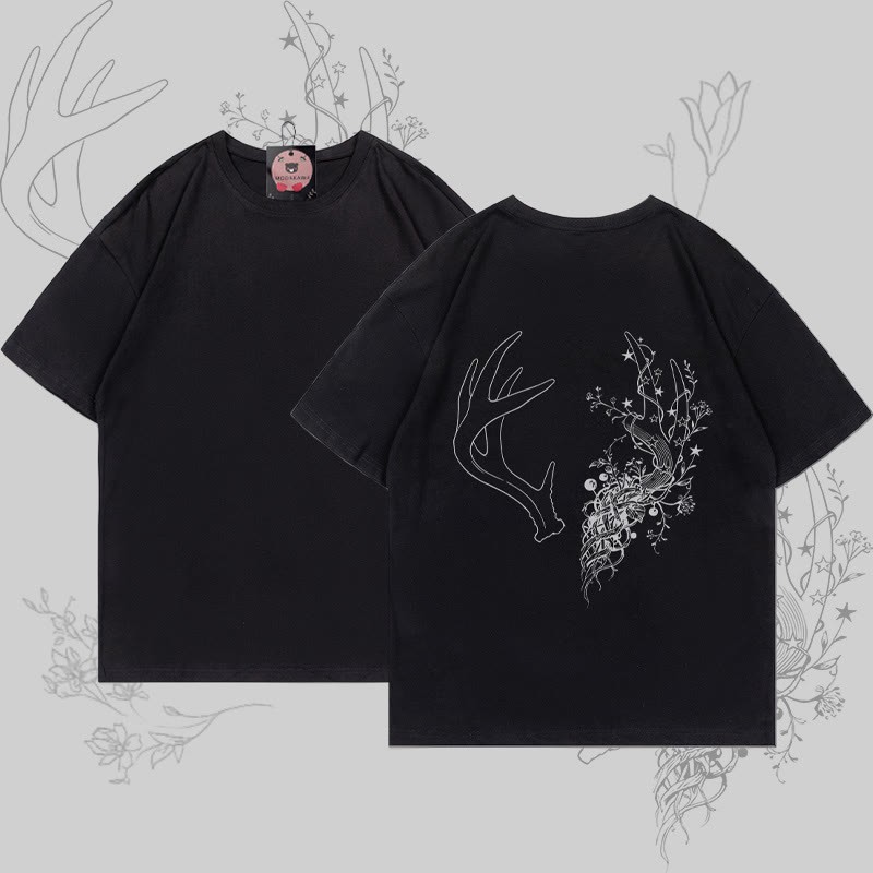 MODAKAWA T-Shirt mit Blumen- und Geweihgrafik - Black - 5XL - image 4