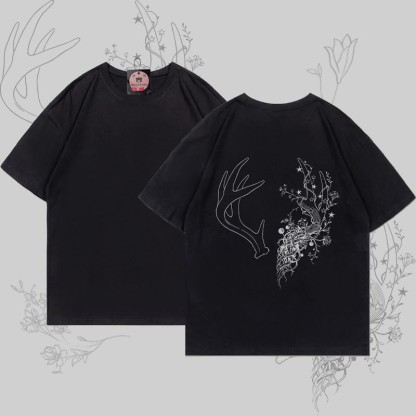 MODAKAWA T-Shirt mit Blumen- und Geweihgrafik - Black - 5XL - image 4