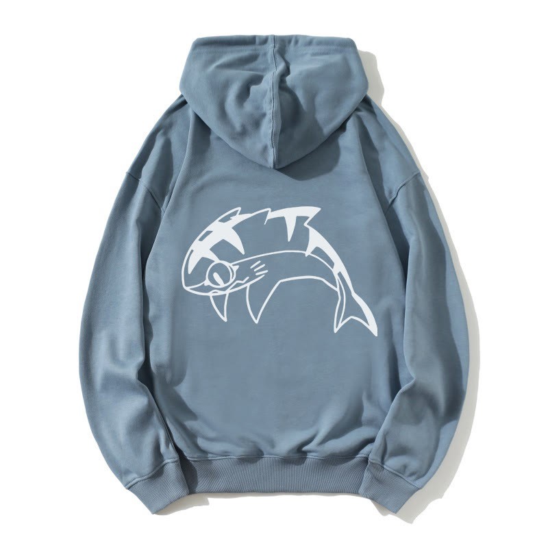 Lockerer Hoodie mit springendem Hai-Grafik - Dusty Blue - 5XL - image 3