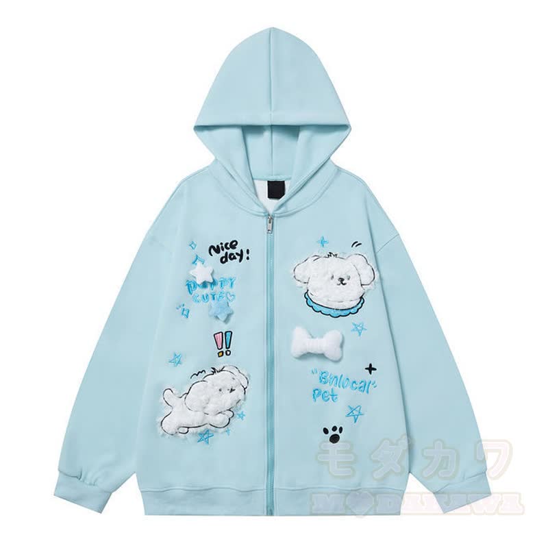 Kawaii Welpenstickerei, lockerer Kapuzenpullover mit Reißverschluss, lockere Passform - Blau - 3XL - image 8