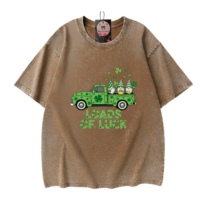 St. Pakrit's Day Lucky LOADS OF LUCK Graphic Modakawa Vintage Washed 100% Cotton T-Shirt - Brown - 5XL - image 7