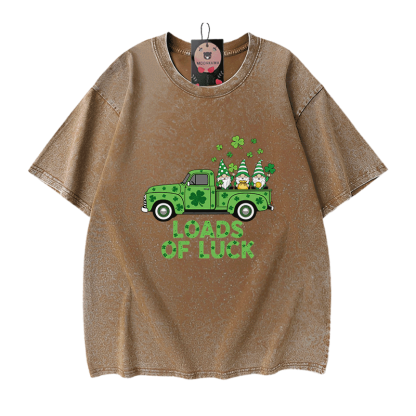 St. Pakrit's Day Lucky LOADS OF LUCK Graphic Modakawa Vintage Washed 100% Cotton T-Shirt - Brown - 5XL - image 7