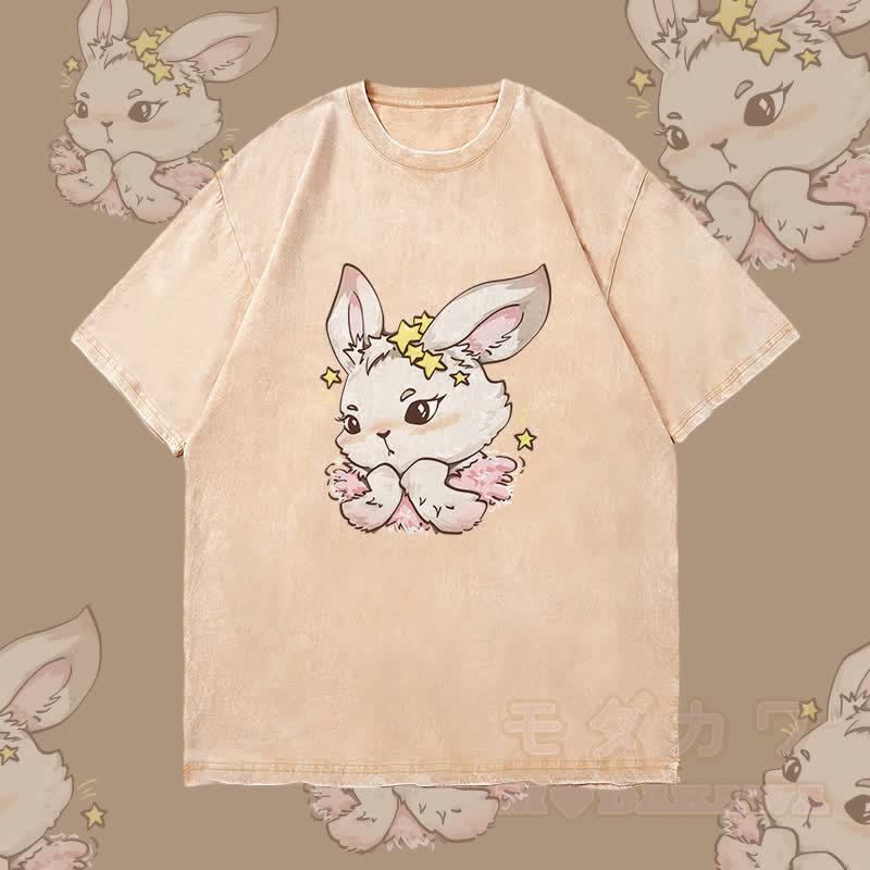 MODAKAWA Star Bunny Grafik Unisex Vintage Washed T-Shirt - Aprikose - 4XL - image 3
