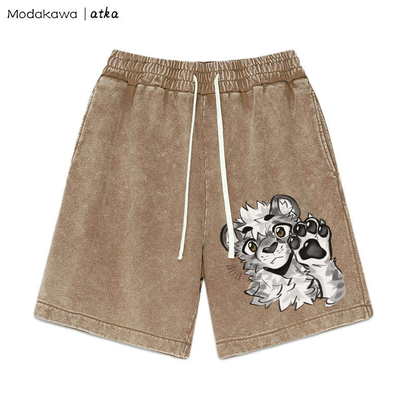 MODAKAWA X atka – Shorts mit Tigerpfoten-Wellengrafik und verwaschenem Vintage-Look - Brown - 3XL - image 3