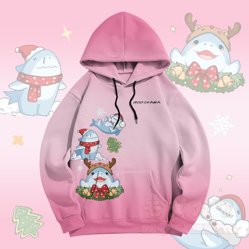 MODAKAWA Pullover-Hoodie mit Farbverlauf und Weihnachtshai-Grafik-Allover-Print - Rosa - 5XL - image 3