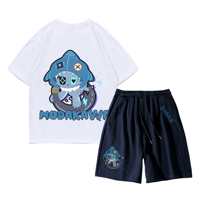 Verspieltes T-Shirt-Shorts-Set mit Hai-Grafik in dunkler Ästhetik, zweiteilig - Weiß & Purpurblau - C - 5XL - image 9