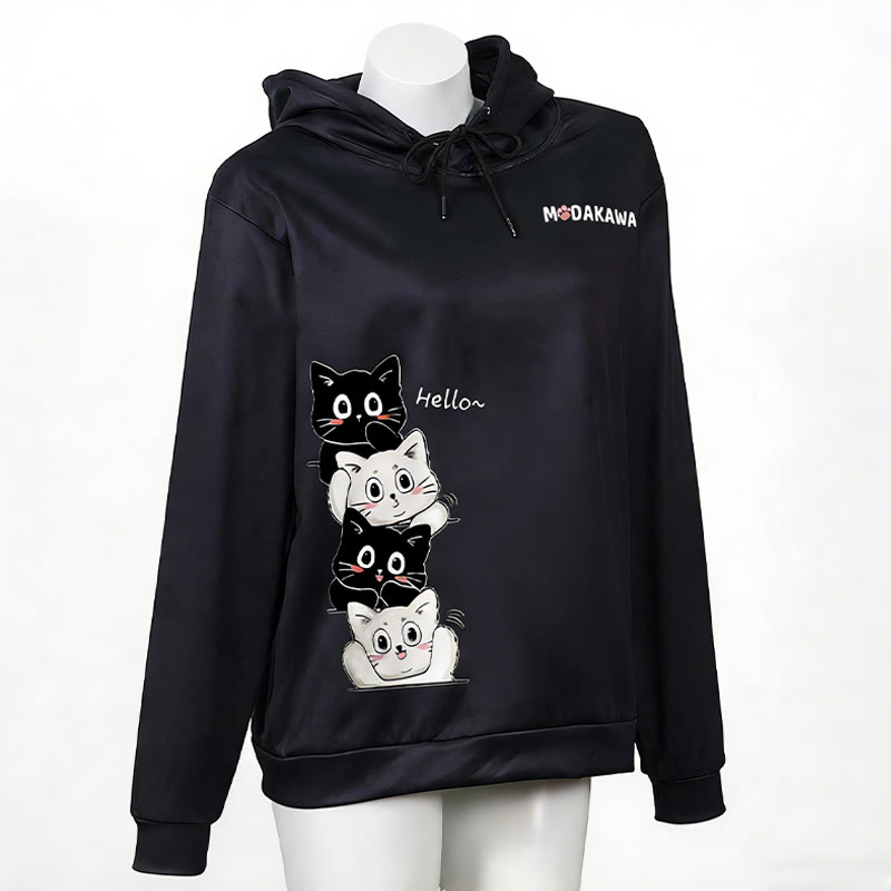 Modakawa-Hoodie mit gestapeltem Katzenmotiv und Buchstabenprint - Black - 6XL - image 3