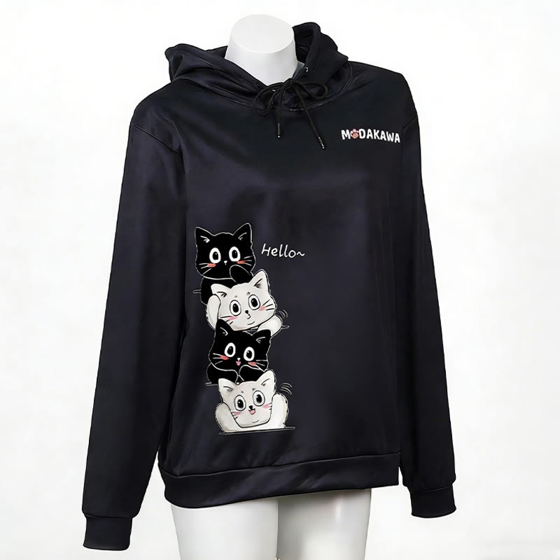 Modakawa-Hoodie mit gestapeltem Katzenmotiv und Buchstabenprint - Black - 6XL - image 3