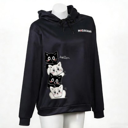 Modakawa-Hoodie mit gestapeltem Katzenmotiv und Buchstabenprint - Black - 6XL - image 3