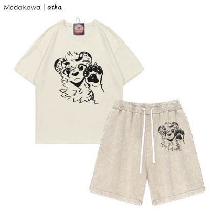 T-Shirt mit Tigerpfoten-Wellengrafik und verwaschenen Vintage-Shorts, zweiteiliges Set - Beige - 3XL - image 3