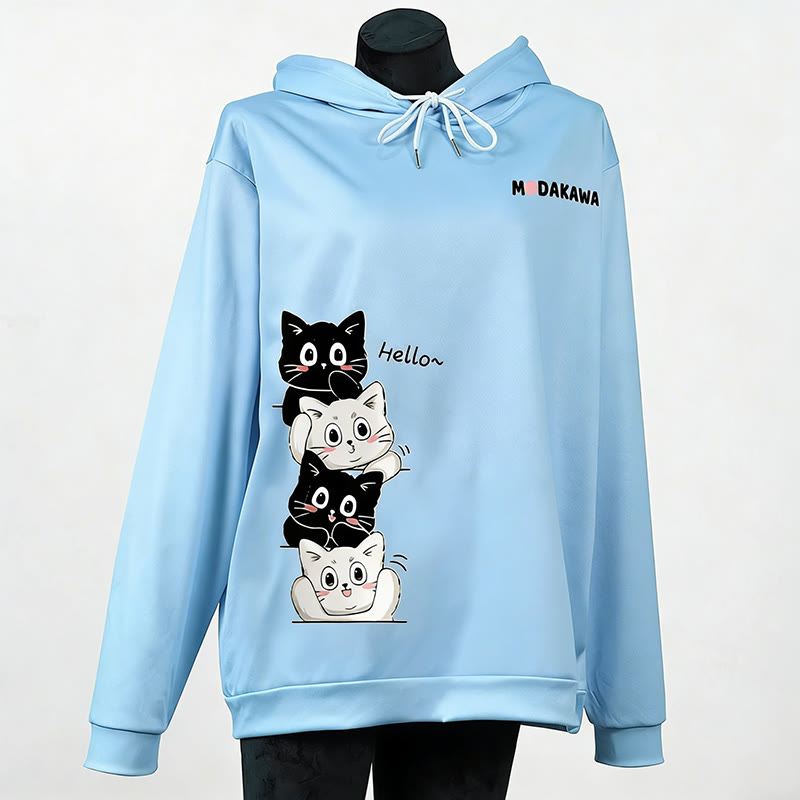Modakawa-Hoodie mit gestapeltem Katzenmotiv und Buchstabenprint - Blue - 6XL - image 4