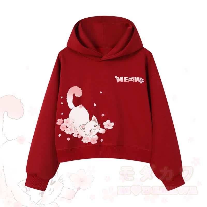 MODAKAWA X atka MEOW Katzen-Grafik-Hoodie aus Baumwolle (kurzer Schnitt) - Rot - 3XL - image 11