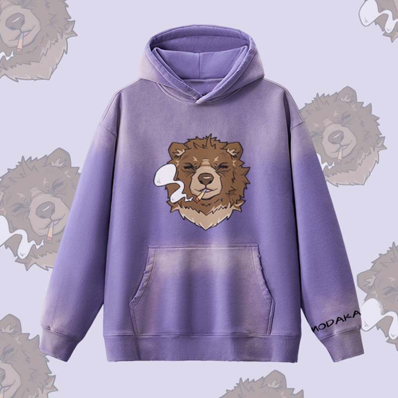 MODAKAWA Smoking Bear Graphic Vintage Washed Fleece Lined Hoodie - Purple - 2XL - image 7