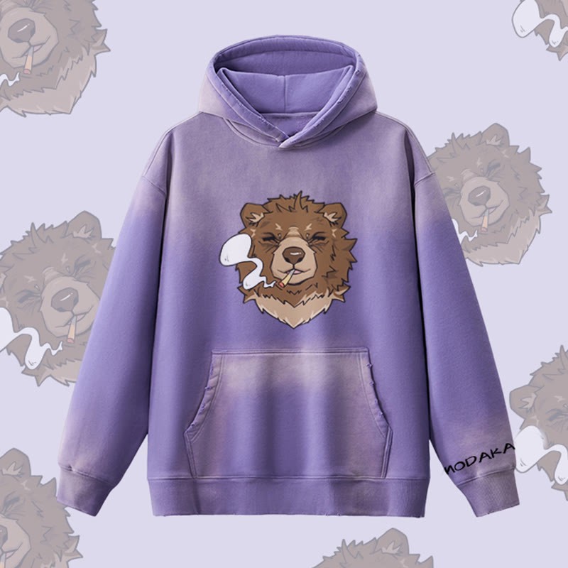 MODAKAWA Smoking Bear Graphic Vintage Washed Fleece Lined Hoodie - Purple - 2XL - image 7