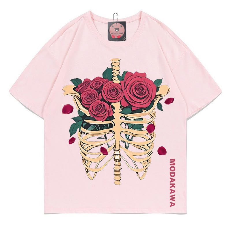 Modakawa T-Shirt mit Skelett-Rosen-Buchstabenprint - Pink - 5XL - image 4