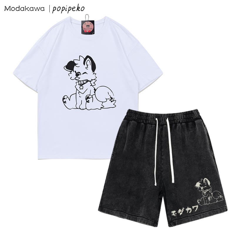 T-Shirt mit Welpen-Grafik und verwaschenen Vintage-Shorts, zweiteiliges Set - White&Black - 3XL - image 9