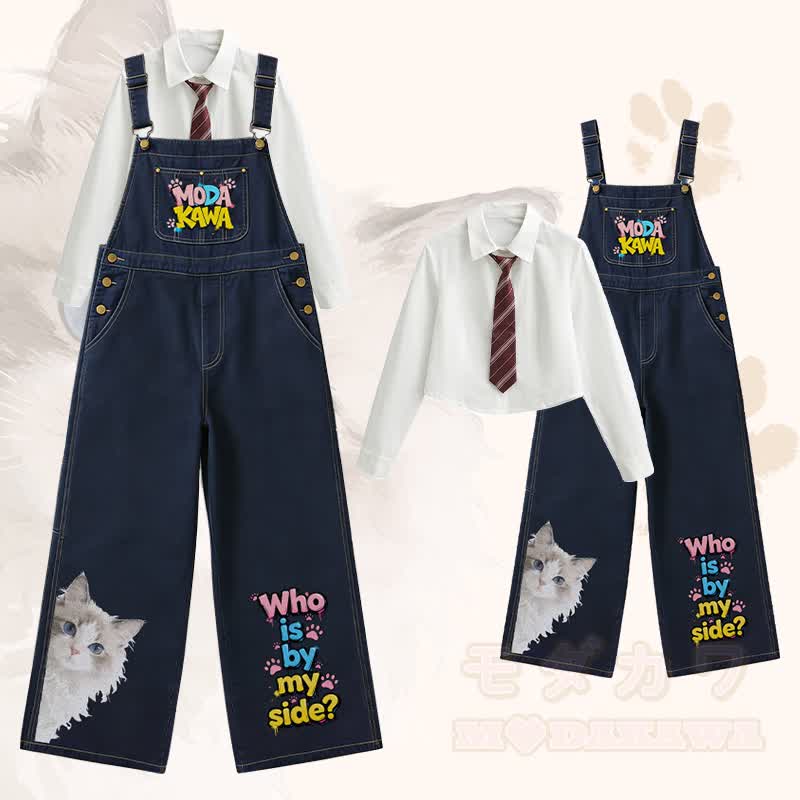 WHO IS BY MY SIDE Katzen-Poloshirt mit weitem Bein, Jeans-Latzhose, passendes Outfit von Modakawa - Satz C - XL - image 4