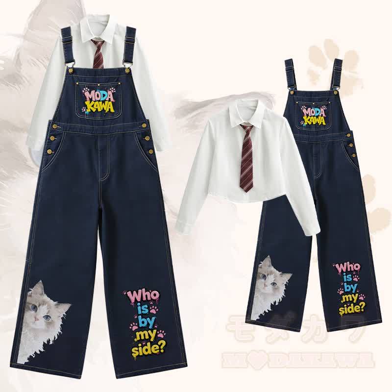 WHO IS BY MY SIDE Katzen-Poloshirt mit weitem Bein, Jeans-Latzhose, passendes Outfit von Modakawa - Satz C - XL - image 4