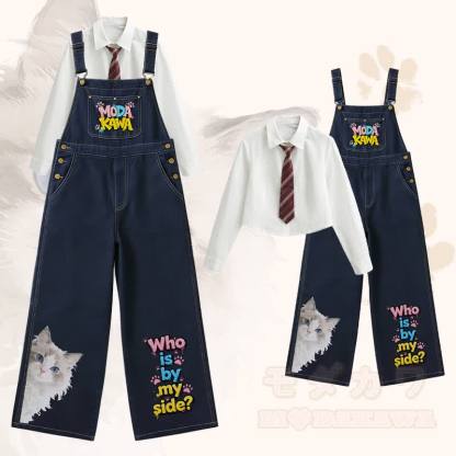 WHO IS BY MY SIDE Katzen-Poloshirt mit weitem Bein, Jeans-Latzhose, passendes Outfit von Modakawa - Satz C - XL - image 4