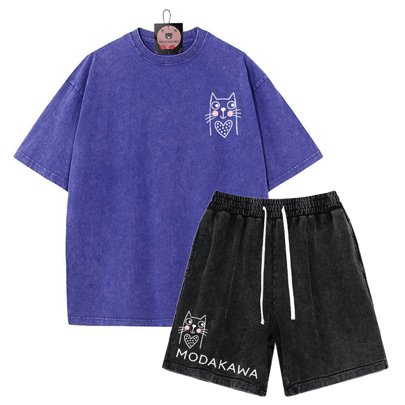 T-Shirt mit Kitty-Print, verwaschene Vintage-Shorts, zweiteiliges Set von MODAKAWA - Blue&Black - 3XL - image 11