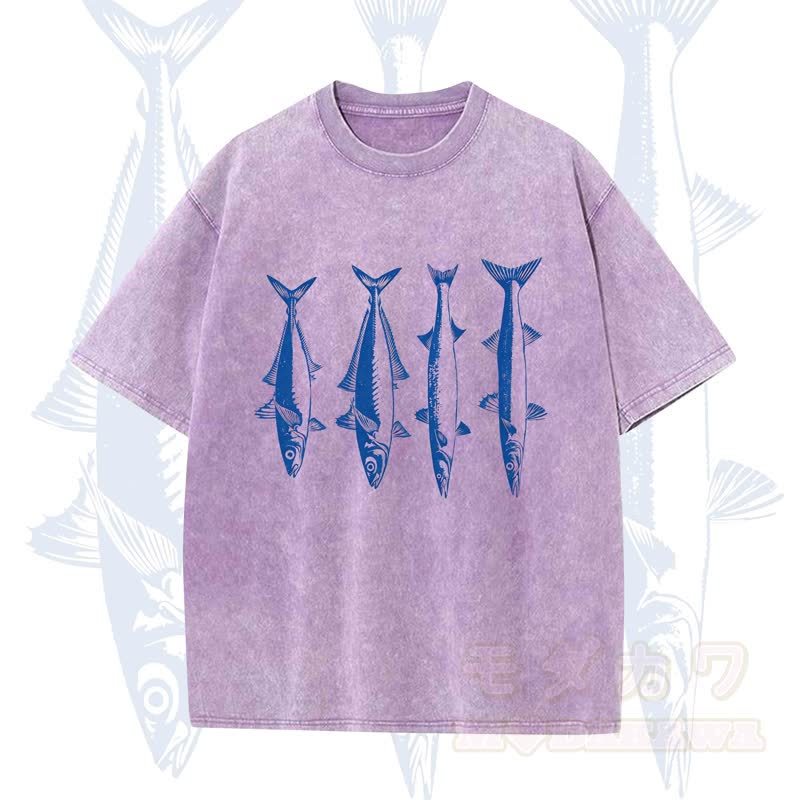 Modakawa Vintage Fischprint gewaschenes T-Shirt - Lila - 5XL - image 7