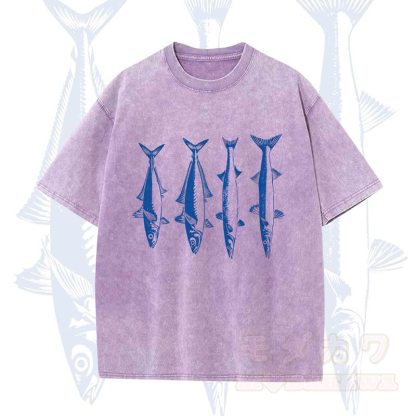 Modakawa Vintage Fischprint gewaschenes T-Shirt - Lila - 5XL - image 7