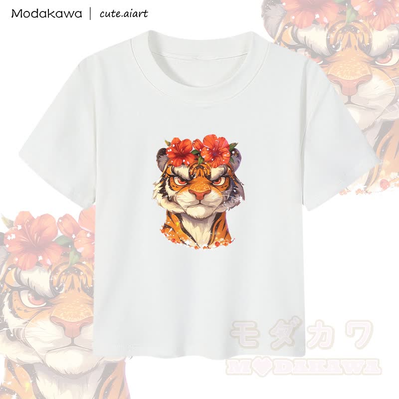 MODAKAWA X cute.aiart Damen-Crop-Top mit Blumen- und Tigermotiv, 92 % gekämmte Baumwolle - Weiß - XL - image 3