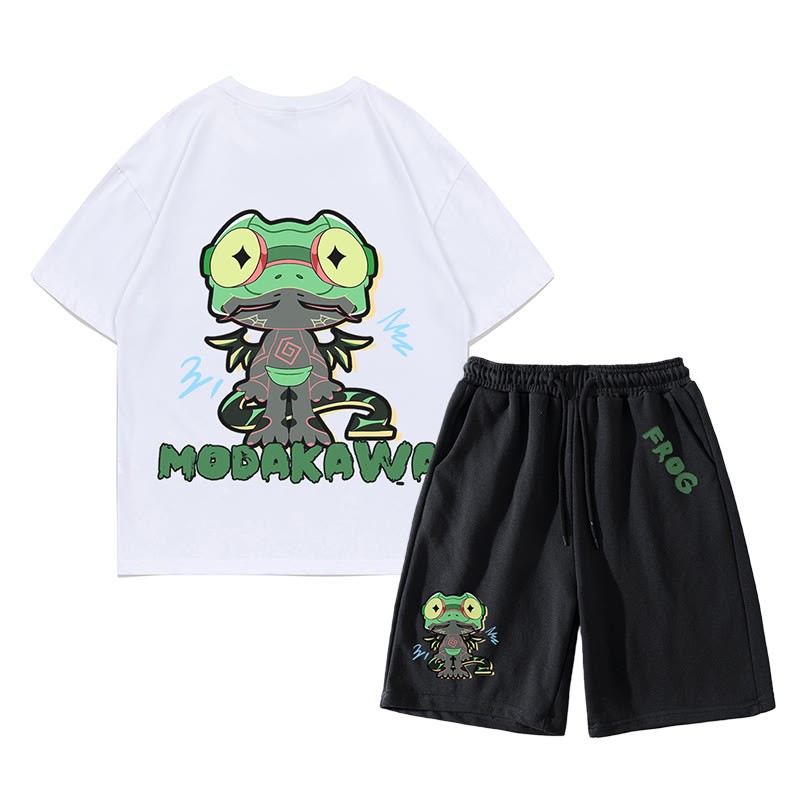 Lustiges T-Shirt mit Frosch-Grafik und dunkler Ästhetik, zweiteiliges Set - Weiß&Schwarz - C - 5XL - image 12