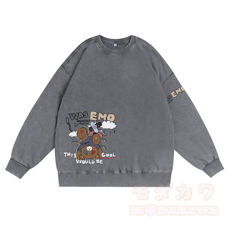 MODAKAWA I WAS EMO Upside Down Bear Graphic Unisex Vintage Washed Sweatshirt - Grau - 3XL - image 5