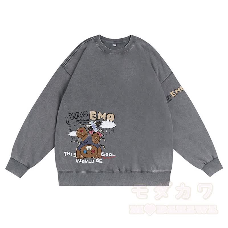 MODAKAWA I WAS EMO Upside Down Bear Graphic Unisex Vintage Washed Sweatshirt - Grau - 3XL - image 5