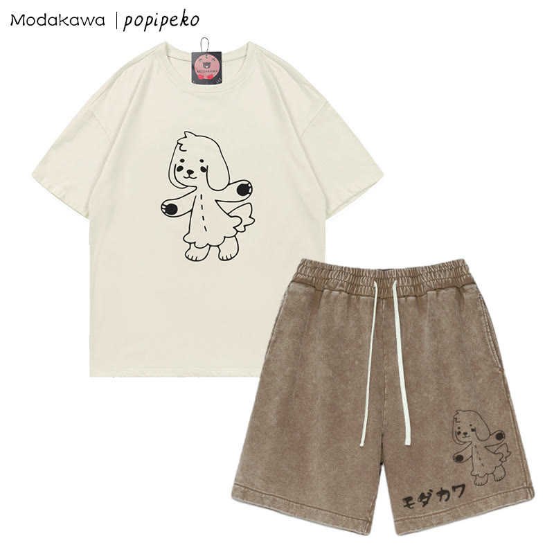Puppy Pookie Grafik-T-Shirt Vintage Washed Shorts Zweiteiliges Set - Beige&Brown - 3XL - image 3