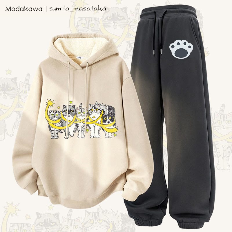MODAKAWA X sumita_masataka Katzen-in-Sterne-Grafik: Zweiteiliges Set aus dick gefüttertem Hoodie und Hose mit Fleece-Futter - Apricot&Dark Grey - 5XL - image 2