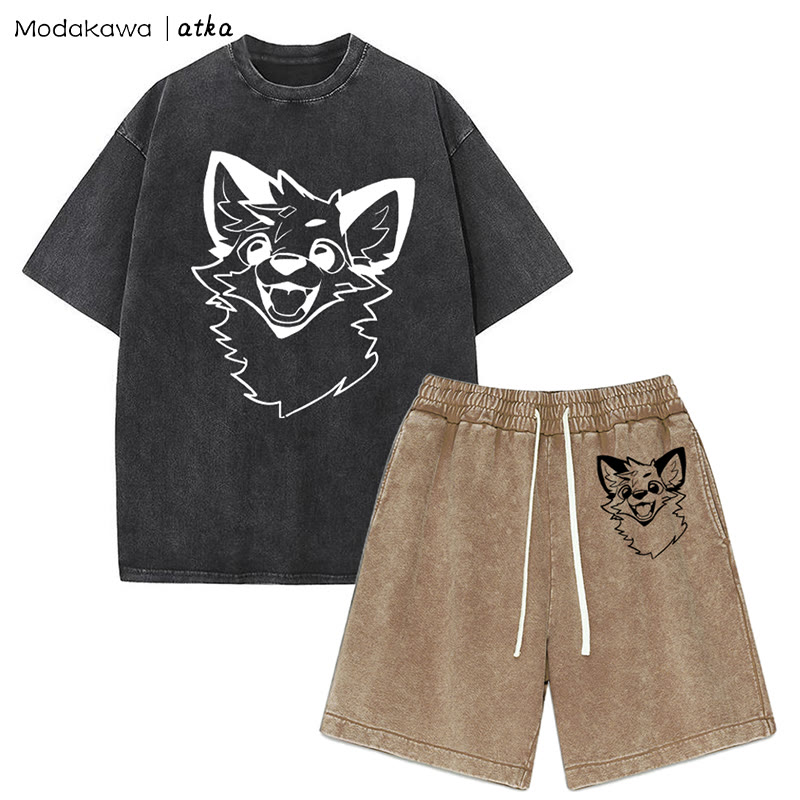 MODAKAWA X atka Fox T-Shirt Vintage Washed Shorts Zweiteiliges Set - Black&Brown - 3XL - image 12