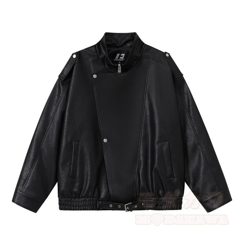 Vintage-Jacke aus Kunstleder mit asymmetrischem Revers, Reißverschluss und lockerem Schnitt - Schwarz - 2XL - image 8