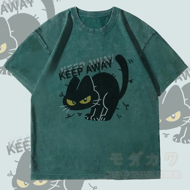 MODAKAWA KEEP AWAY Schwarze Katze Grafik Unisex Vintage Washed T-Shirt - Dunkelgrün - 4XL - image 3