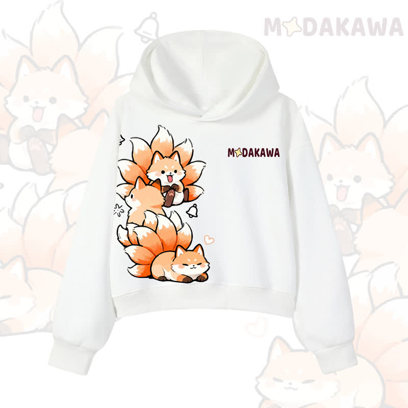 MODAKAWA Cropped Cotton Hoodie mit niedlichem Fuchs-Motiv - White - 3XL - image 6