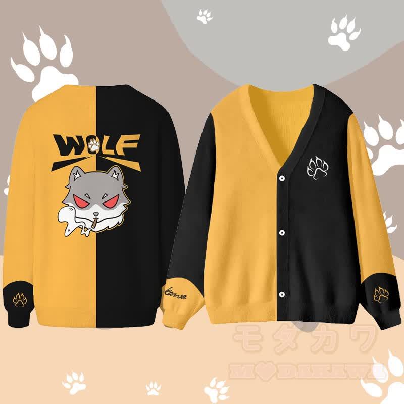 MODAKAWA Smoking Wolf Grafik-Strickjacke Top - Gelb - 4XL - image 3