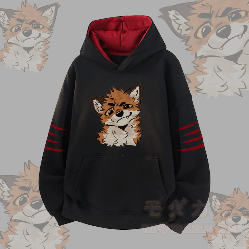 MODAKAWA X atka Pullover mit lustigem Fuchs-Motiv und Kontrastfutter - Schwarz - 3XL - image 4