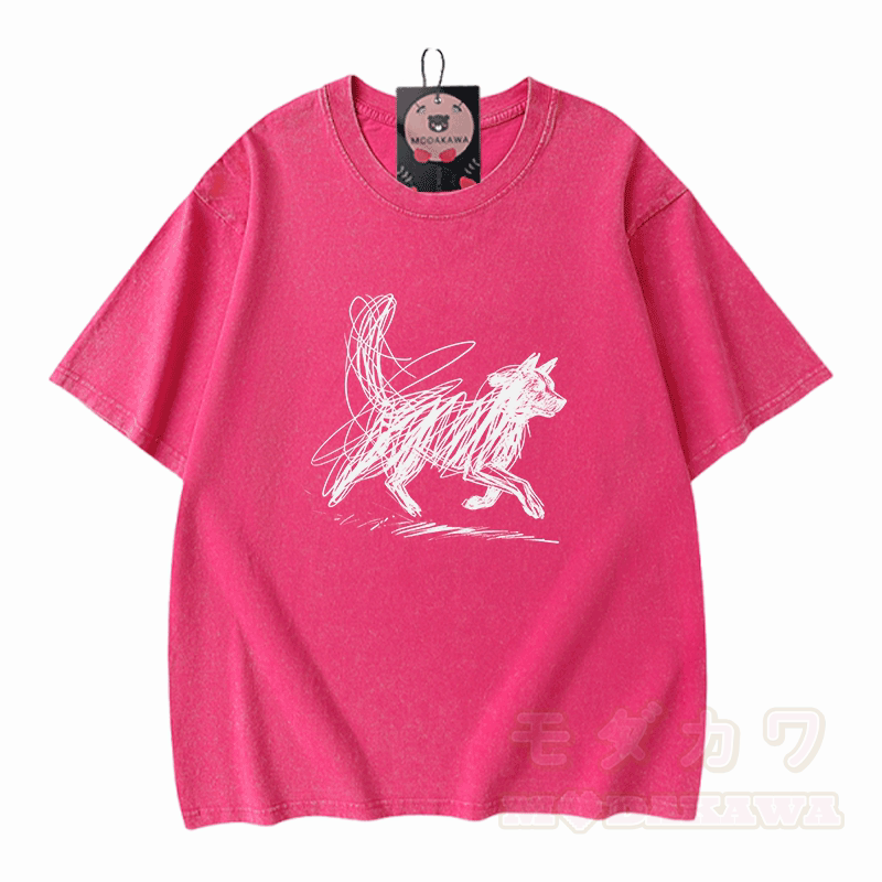 Modakawa Vintage T-Shirt mit Welpenmotiv, gewaschen aus 100 % Baumwolle - Rosenrot - 5XL - image 5