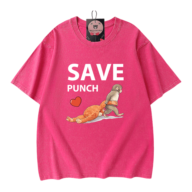 SAVE PUNCH Monkey Graphic Modakawa Unisex Vintage Washed T-Shirt - Rose Red - 5XL - image 3