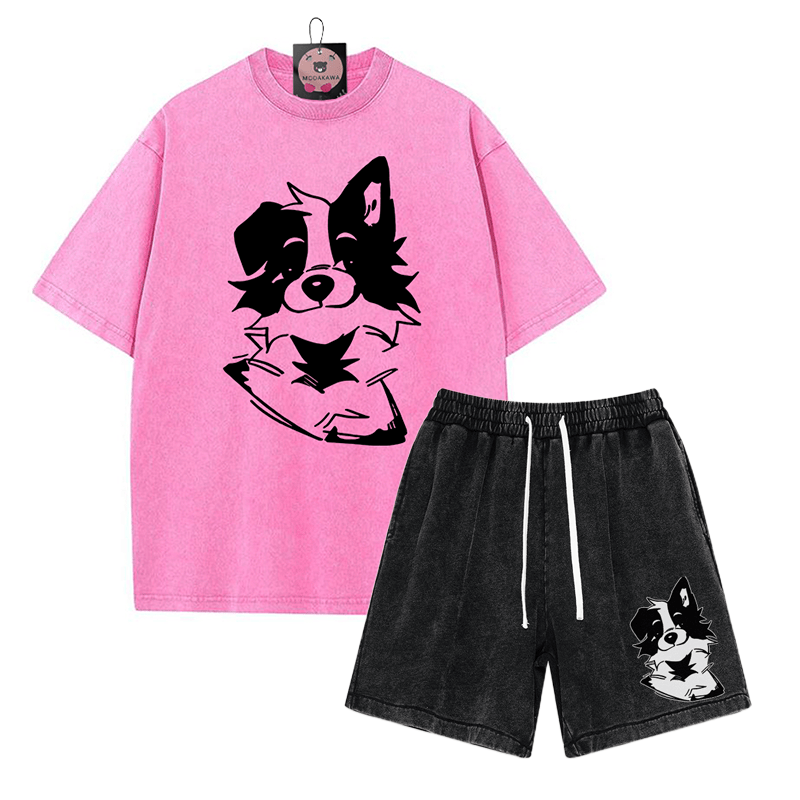 Zweiteiliges Set mit T-Shirt mit flauschiger Welpengrafik und verwaschenen Vintage-Shorts - Rose Red&Black - 3XL - image 10