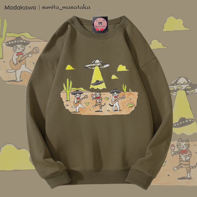 MODAKAWA X sumita_masataka Cat Band And The UFO Graphic Unisex Sweatshirt - Dark Khaki - 5XL - image 2