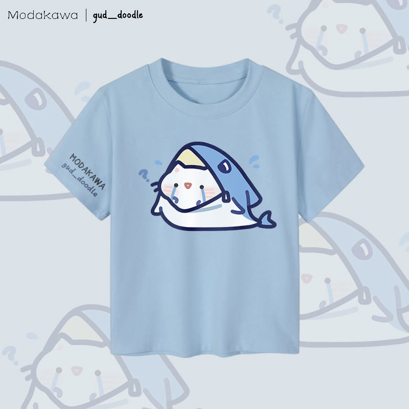 MODAKAWA X gud_doodle Hai-Katzen-Grafik Damen Cropped T-Shirt 92% gekämmte Baumwolle - Blue - XL - image 3